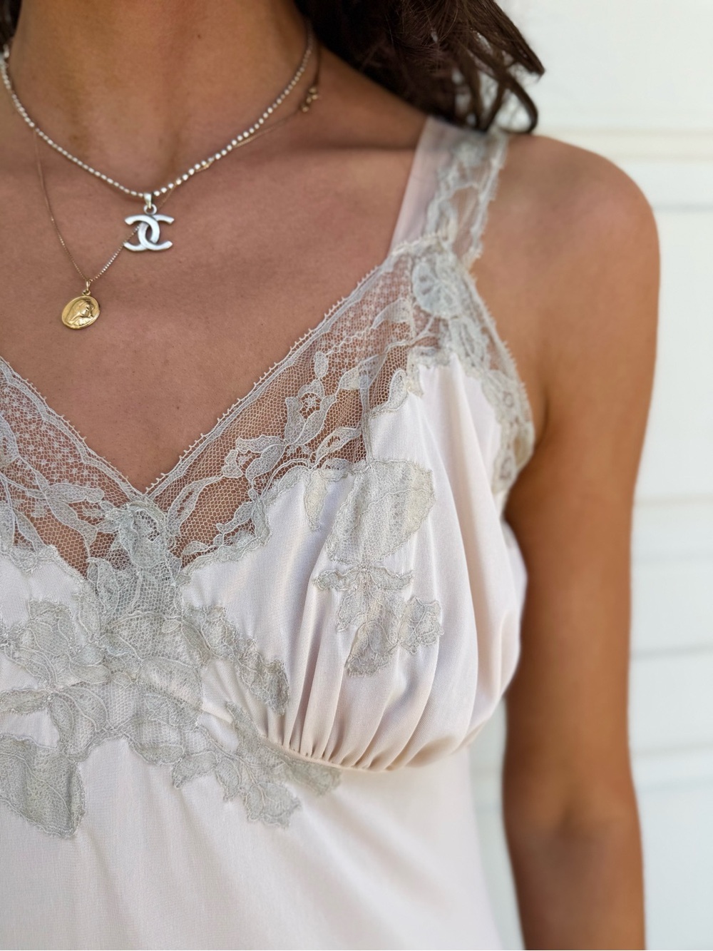 Vintage 60s Nightgown Maxi Slip Dress Lace-Trim Long Chemise Slip in Cream Ecru - Picture 2 of 14